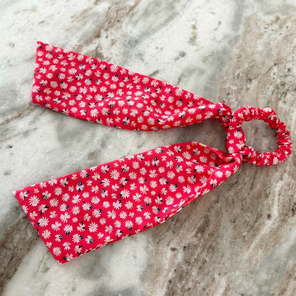 Floral Hair Scrunchie Bandana Ponytail Scarf - Red White & Blue